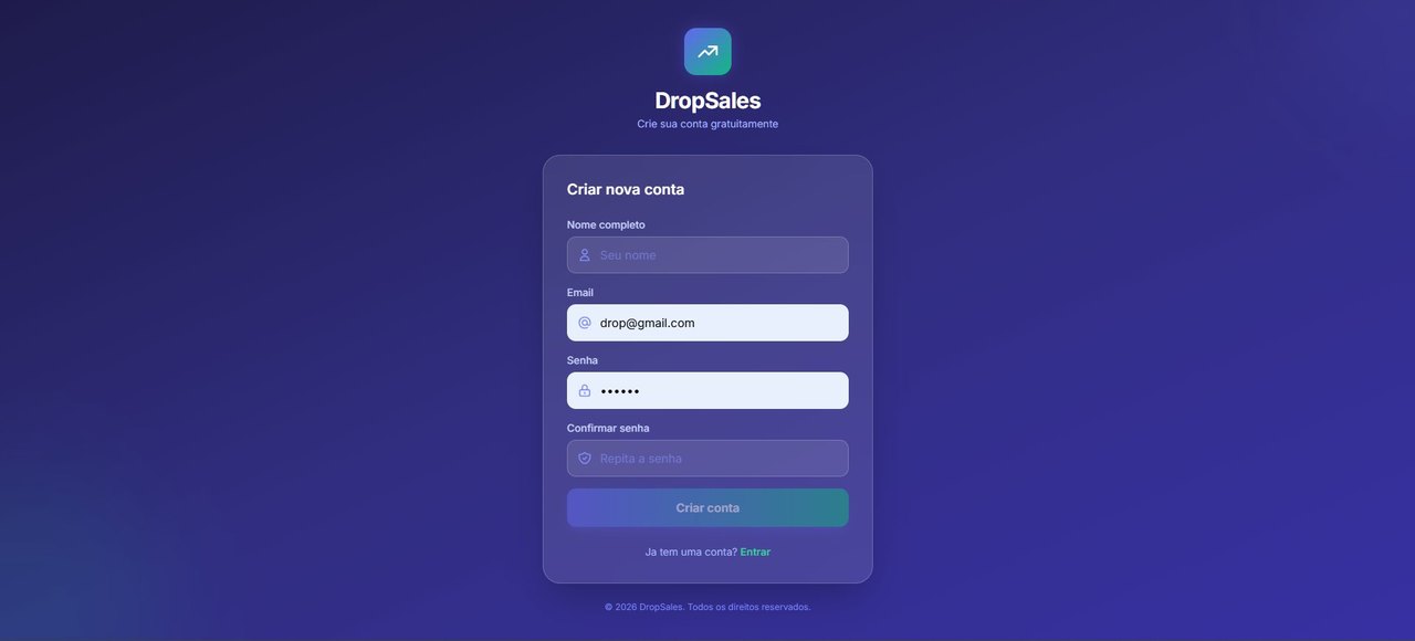 Tela de criação de conta no DropSales
